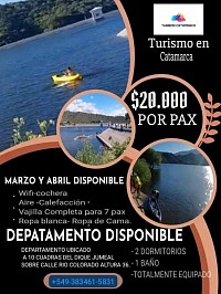 👉Turismo en Catamarca Te ofrece la mejor opción para tus vacaciones de invierno. Elegí confianza y Seguridad 100% ¡¡¡Hospedate con Nosotros !!!😉 Contamos con disponibilidad para Semana Santa. Precios super accesibles desde $20.000 por pax. Contacto de Reservas +549- 383461-5831 DEPARTAMENTO UBICADO A 10 CUADRAS DEL DIQUE JUMEAL. SOBRE CALLE RIO COLORADO ALTURA 36 Uno de los lugares más elegidos por los residentes y turistas. El dique te ofrece un contacto único con la naturaleza, podrás disfrutar de sus cerros su flora y de diferentes actividades. El dique el Jumeal se encuentra ubicado en el departamento capital de la provincia de catamarca a sólo 3 kilómetros del centro de San Fernando del Valle De Catamarca. Al pie del extremo sur de las sierras del colorado,a 600 metros sobre el nivel del mar. Su situación por encima del nivel promedio de la ciudad de Catamarca lo convierte en un balcón natural de donde se puede obtener una vista magnífica hacia la ciudad. Departamento Equipado para 6/7 pax. -Con todas sus comodidades. - 2 DORMITORIOS - UN BAÑO - APTO MASCOTAS - AIRE ACONDICIONADO - CALEFACCIÓN - WIFI - COCHERA TECHADA. - ROPA BLANCA - ROPA DE CAMA - VAJILLA COMPLETA PARA 7 PERSONAS. NO TE PIERDAS ESTA OPORTUNIDAD COMUNICATE CON NOSOTROS.